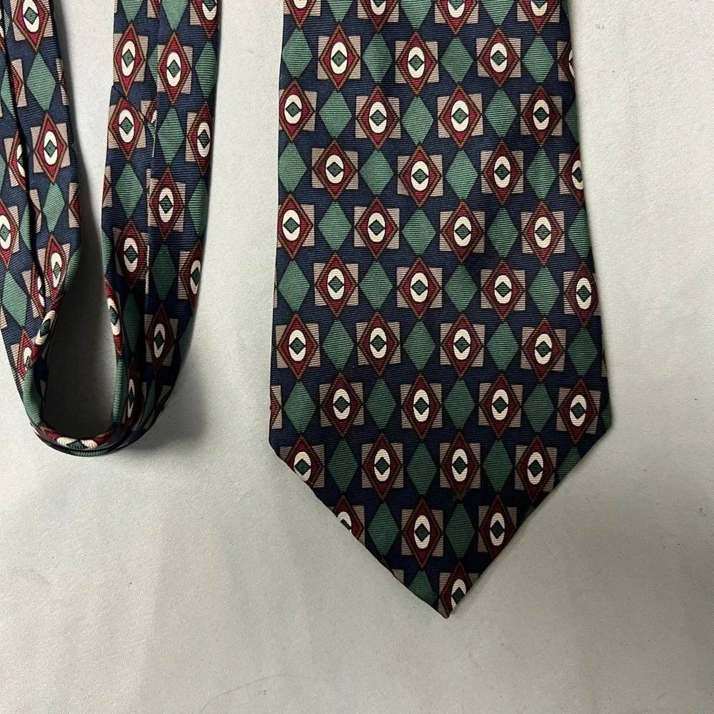 Albert Nipon‎ Silk Tie Geometric Retro Diamond Pattern Navy Green Burgundy Men